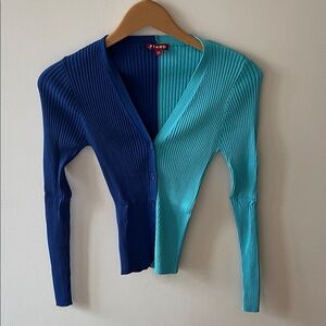 STAUD Two-Tone Ribbed V-Neck Cardigan - Navy & Teal